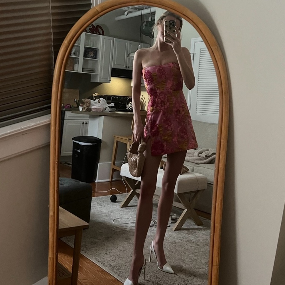 Showpo Brailey Strapless Mini Dress in Pink Jacquard